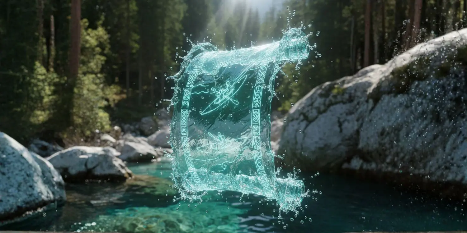 A mystical glowing water scroll with ancient Celtic patterns floating above the emerald Soča River in Bovec, symbolizing the Legend of the Soča.