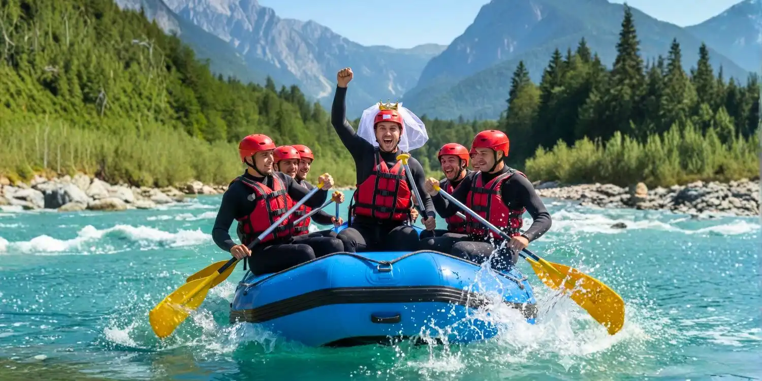 A group of friends celebrating a bachelor party on a blue rafting boat, with the groom wearing a veil and crown while paddling on the emerald Soča River in Bovec, Slovenia.