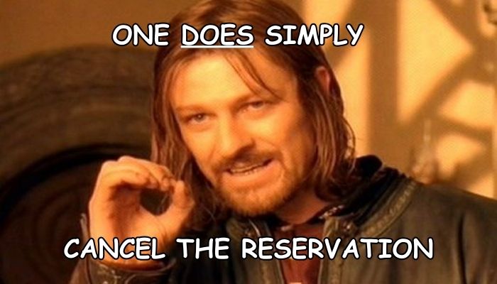 Boromir Cancellation Meme Boromir meme with ‘One DOES simply cancel the reservation’ text, for Bovec Rafting Team’s cancellation policy.