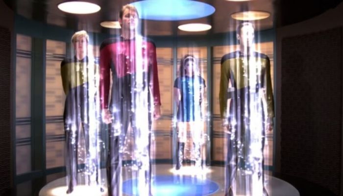 Star Trek Transporter Booking Star Trek crew in transporter from older movie, symbolizing booking Bovec Rafting Team’s Soča adventures.