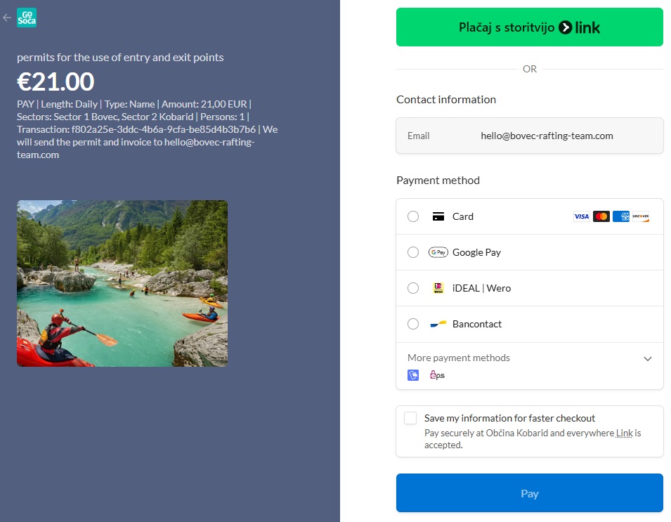 Posnetek zaslona spletne strani za plačilo dovoljenj Kobarid z gumbom PLAČILO za dovoljenje za rafting.