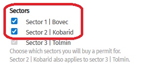 Posnetek zaslona spletnega mesta o dovolilnicah za reko Sočo, ki prikazuje spustni meni za izbiro dovolilnic za sektorja 1 in 2 Bovec in Kobarid.