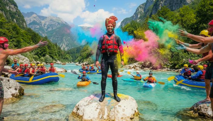 A group of rafters from Bovec Rafting Team on the Soča River, throwing colorful Holi powder at each other. The central guide is wearing a full neoprene suit and a vibrant Indian turban instead of a helmet, surrounded by turquoise water and Alpine mountains.
