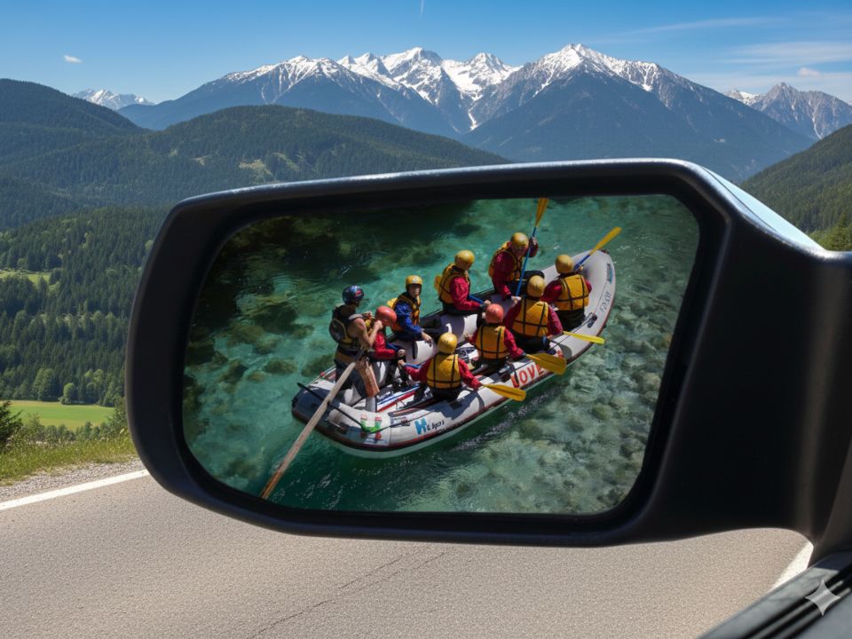 Camper van side mirror reflection of a rafting boat on Soca river with Julian Alps background in Bovec Slovenia