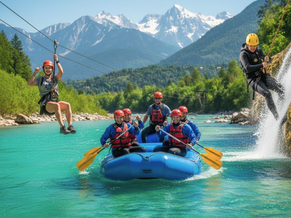 Multi-activity adventure package in Bovec featuring rafting on Soca river, canyoning in Susec and zipline Kanin Slovenia