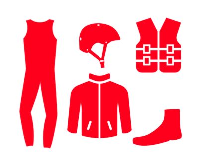 Professional rafting equipment provided by Bovec Rafting Team: neoprene suit, helmet, life jacket, water jacket, and neoprene boots.