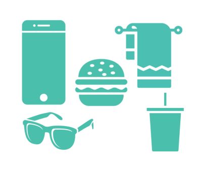 Icons showing items you don't need for private canyoning: mobile phone, snacks, towels, drinks, and expensive sunglasses.