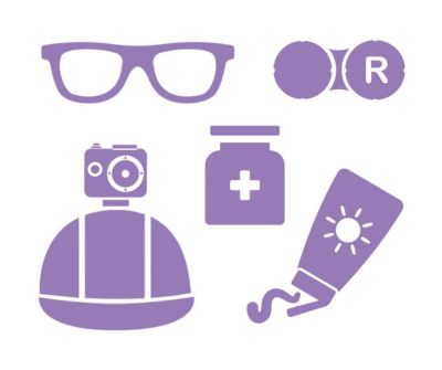Icons of optional items for rafting: glasses with strap, contact lenses, GoPro camera, personal medication, and sunscreen.