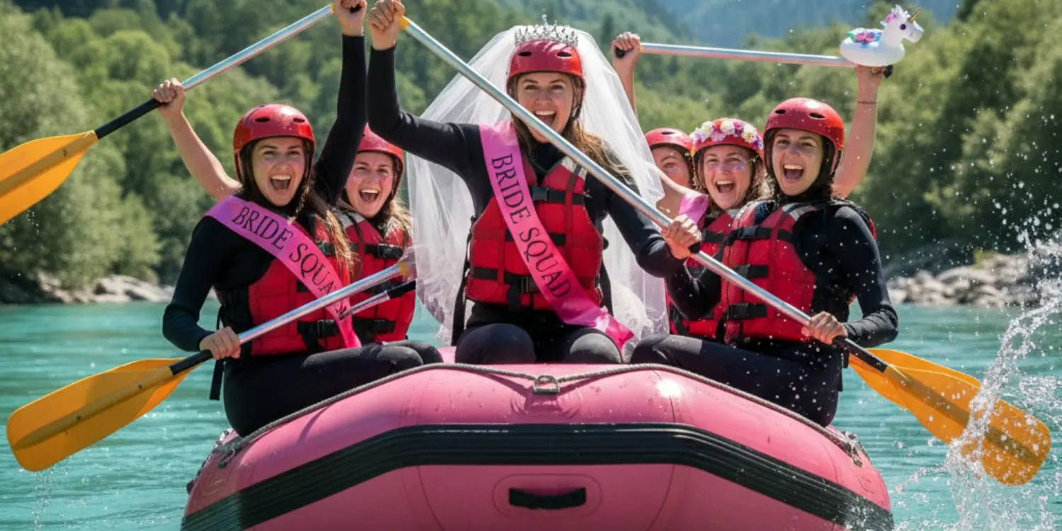 Bachelorette party group rafting tour on the Soča river with friends.