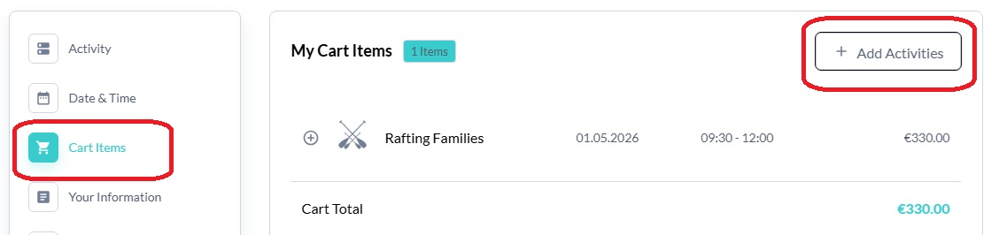 Screenshot of the BookingPress reservation form showing the "Add Activities" button in the "My Cart Items" section for multi-activity packages.