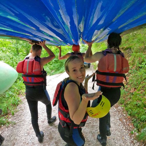 Famous dancer Nika Kljun enjoying a rafting adventure on the Soča River in Bovec, Slovenia - celebrity approved bachelorette party destination.