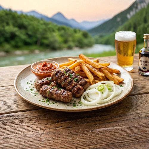 Grilled cevapcici with fries, onions and ajvar served with beer at Gostilna Žvikar, Bovec - post-rafting meal for bachelor parties.