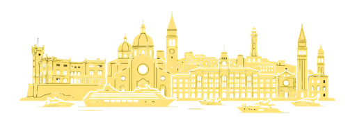 Skyline stilizzato di Trieste con Piazza Unità e il Faro della Vittoria.