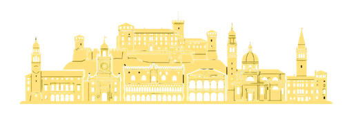 Skyline stilizzato della città di Udine con il Castello in colore turchese.