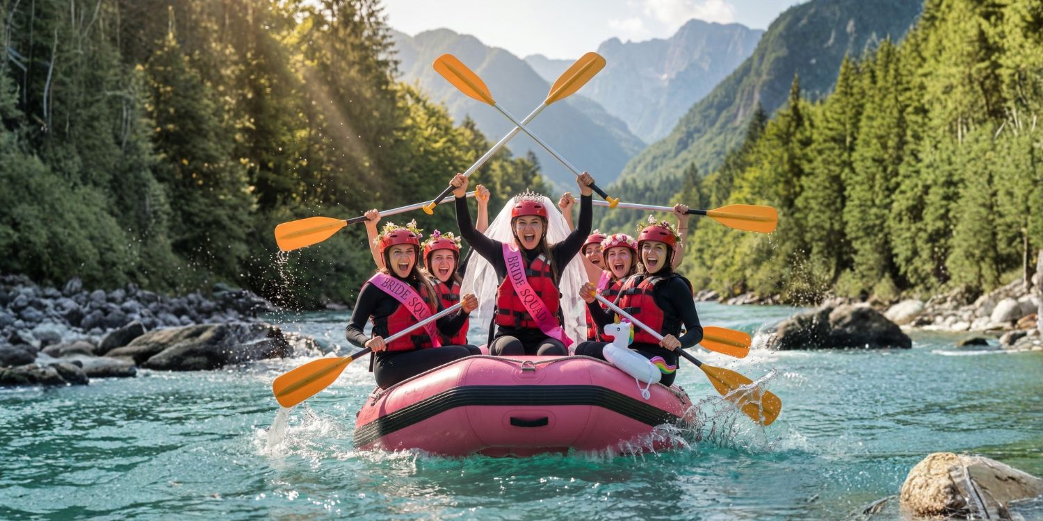 An AI-generated photo of a group of cheerful bridesmaids and a bride-to-be celebrating a hen party on a rafting boat on the crystal clear Soča River in Bovec.
