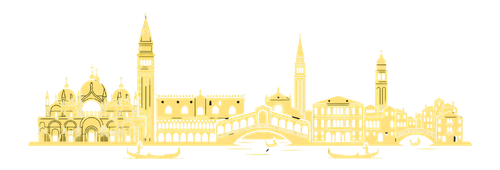 Profilo stilizzato di Venezia con il Campanile di San Marco e il Ponte di Rialto.