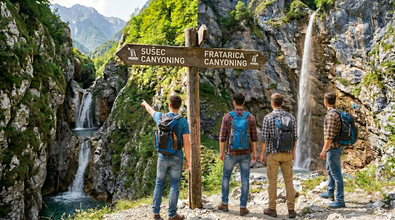 Fotografija od zadaj prikazuje štiri moške s pohodniškimi nahrbtniki, ki stojijo na gorski poti pred leseno smerno tablo. Leva puščica na tabli ima napis 'SUŠEC CANYONING' in kaže proti soteski s slapovi na levi, desna puščica pa z napisom 'FRATARICA CANYONING' kaže proti visokemu slapu na desni. Moški so obrnjeni s hrbtom in izbirajo smer.