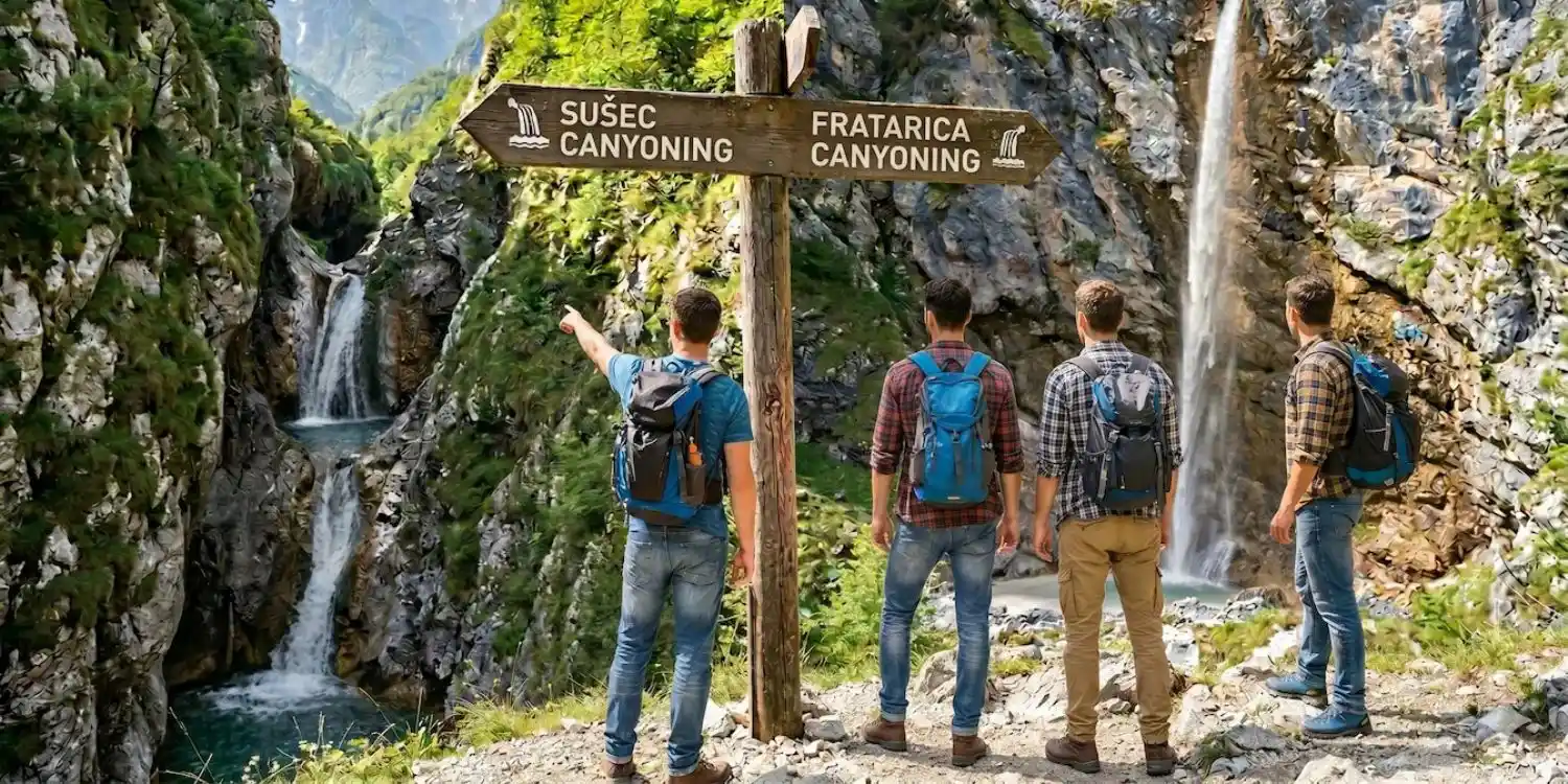 Four friends with backpacks standing at a wooden signpost pointing left to Sušec Canyoning and right to Fratarica Canyoning in Bovec, Slovenia, with waterfalls in the background. AI generated image.